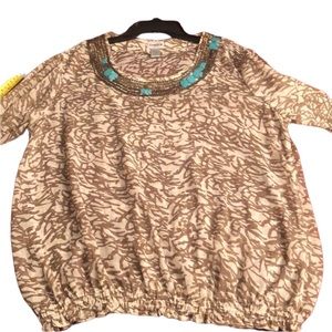Chico’s XL tan & ivory embellished print sheer top banded hem w/ turquoise trim